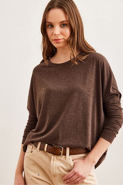 Olalook Women's Brown Crew Neck Bat Wool Viscose Blouse Blz- 19002801