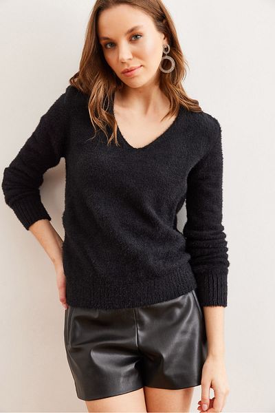 Olalook Pulover de damă, negru, cu decolteu în V, cu textura moale, cu barbă, KZK- 19000860