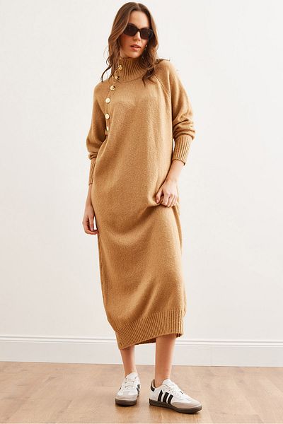 Olalook Women's Tan Collar Openable Button Detailed Maxi Knitwear Dress Elb- 19002288