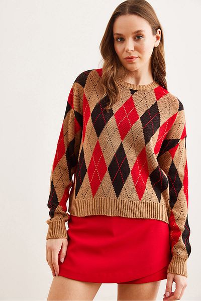 Olalook Women's Tan Diamond Patterned Crop Knitwear Sweater Kzk- 19000910
