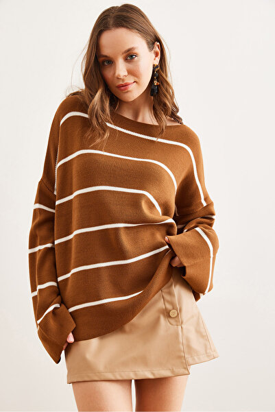 Olalook Women's Tan Boat Neck Striped Loose Knitwear Sweater Kzk- 19000921