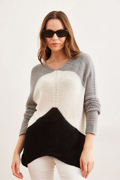Olalook Pulover de damă din tricotaje cu bias bloc negru gri - KZK- 19000920