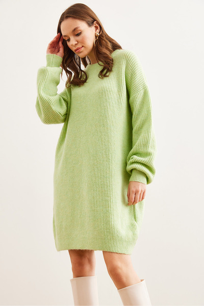 Olalook Γυναικείο Aqua Green Crew λαιμόκοψη μανίκι μπαλόνι με απαλή υφή πλεκτό φόρεμα ELB- 19001802