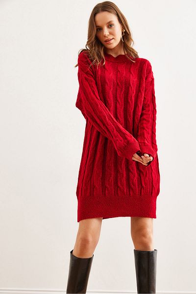 Olalook Women's Red Hair Braided Knitwear Tunic Dress Elb- 19002312
