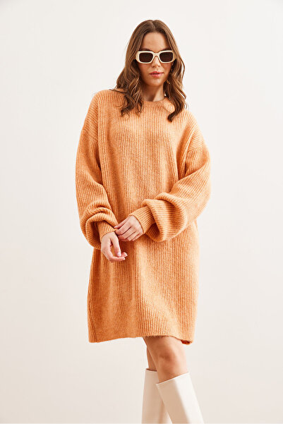 Olalook Kadın Somon Bisiklet Yaka Balon Kol Yumuşak Dokulu Triko Tunik Elbise ELB-19001802