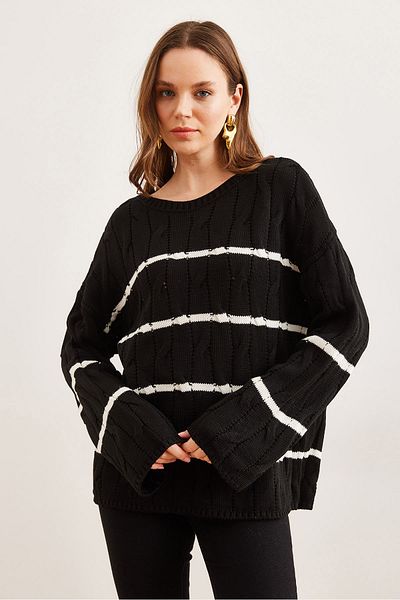 Olalook Pulover de damă cu păr negru împletit cu dungi KZK- 19000919