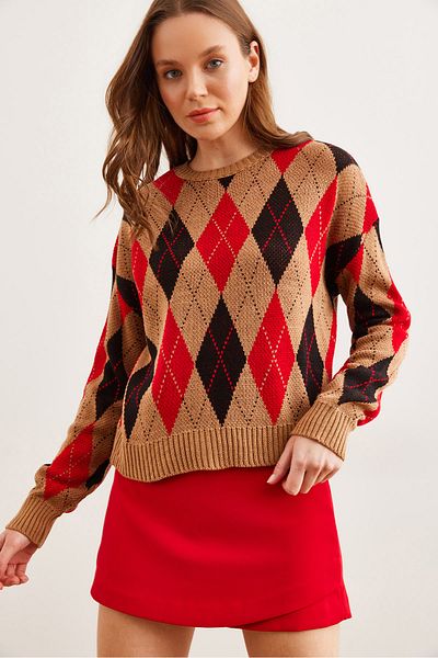 Olalook Women's Tan Diamond Patterned Crop Knitwear Sweater Kzk- 19000910