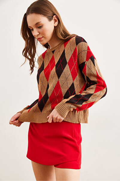 Olalook Women's Tan Diamond Patterned Crop Knitwear Sweater Kzk- 19000910