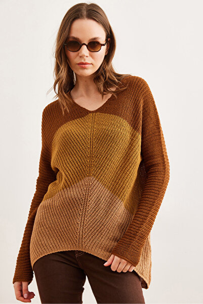 Olalook Tan and Camel Colorblocked Women's Knitwear Sweater - Kzk- 19000920