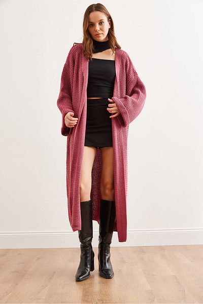 Olalook Women's Dusty Rose Cuff Folded Maxi Knitwear Cardigan Hrk- 19000297