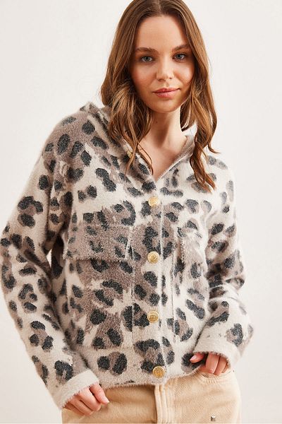 Olalook Cardigan moale cu glugă din piatră cu imprimeu leopard - cu buzunare și barbă groasă HRK- 19000325