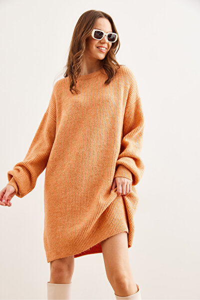 Olalook Kadın Somon Bisiklet Yaka Balon Kol Yumuşak Dokulu Triko Tunik Elbise ELB-19001802