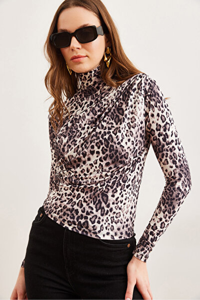 Olalook Women's Ecru Leopard Drape Detailed Flowy Stylish Blouse Blz- 19002712