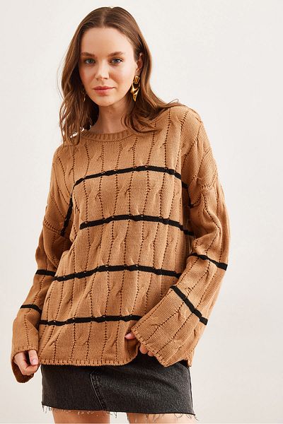 Olalook Women's Camel Hair Braided Line Detailed Knitwear Sweater Kzk- 19000919