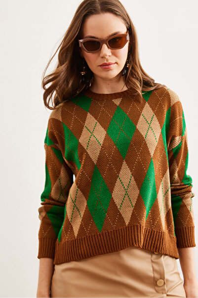 Olalook Women's Camel Hair Diamond Patterned Crop Knitwear Sweater Kzk- 19000910