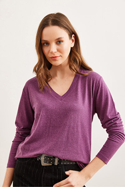 Olalook Kadın Mürdüm V Yaka Yün Viskon Dökümlü Bluz BLZ-19002729