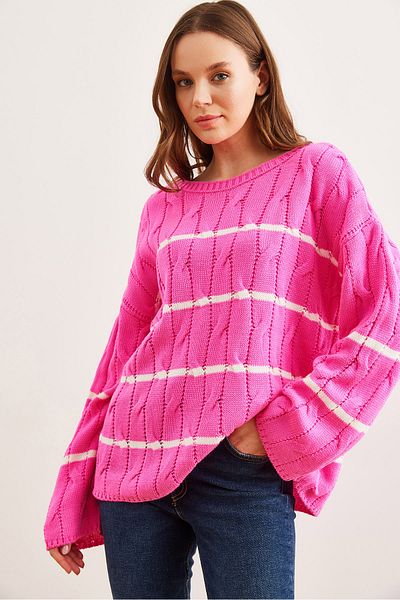 Olalook Pulover de damă cu păr fucsia împletit cu dungi KZK- 19000919