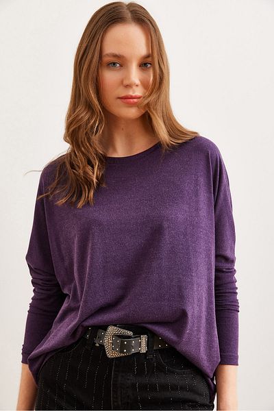 Olalook Women's Purple Crew Neck Bat Wool Viscose Blouse Blz- 19002801