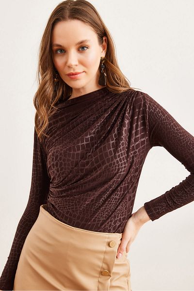 Olalook Women's Crocodile Brown Drape Detailed Boat Neck Blouse Blz- 19002807