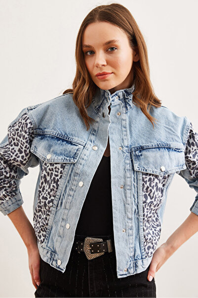 Olalook Dámský modrý obal na kapsy Leopard Detail Premium džínová bunda Ckt- 19000414