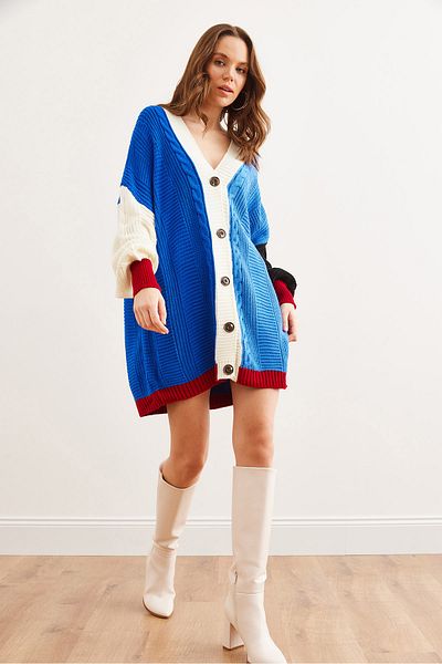 Olalook Damen Saks Blau Farbblock Oversize Lange Strickjacke HRK- 19000265