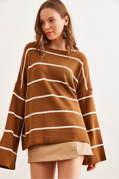 Olalook Women's Tan Boat Neck Striped Loose Knitwear Sweater Kzk- 19000921