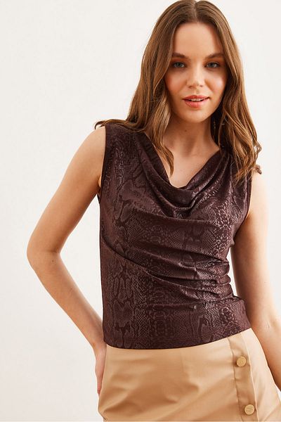 Olalook Women's Brown Degaje Collar Animal Print Flowy Blouse Blz- 19002805