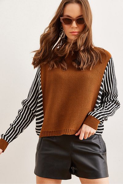Olalook Women's Camel Hair Sleeve Detailed Knitwear Sweater Kzk- 19000817