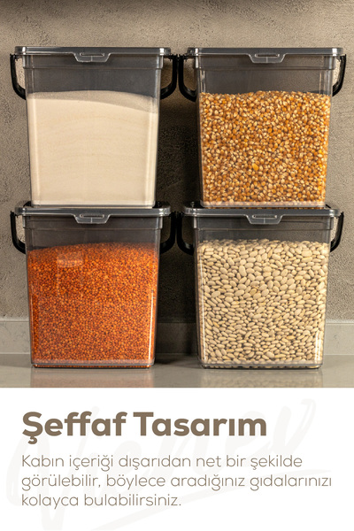 Vienev 4 Adet Kare Un Bakliyat Kabı 6 Litre - Kulplu Deterjanlık Saklama Kutusu Kabı Antrasit