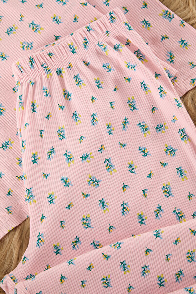 Trendyol Collection Růžové Soft Keys Bavlna Květinové Žebrované Pletené pyžamo Set Thmaw25Pt00194