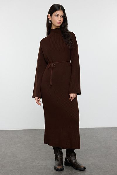 Trendyol Modest Brown Rib/Camisole Belted Knitwear Dress Tctaw25Eb00142