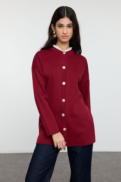 Trendyol Modest Burgundy Collar Embroidery Lace Detailed Knitwear Cardigan Tctaw25Th00010