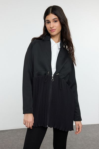 Trendyol Modest Schwarze Scuba-Tunika mit plissiertem Reißverschluss – TCTSS24UK00035