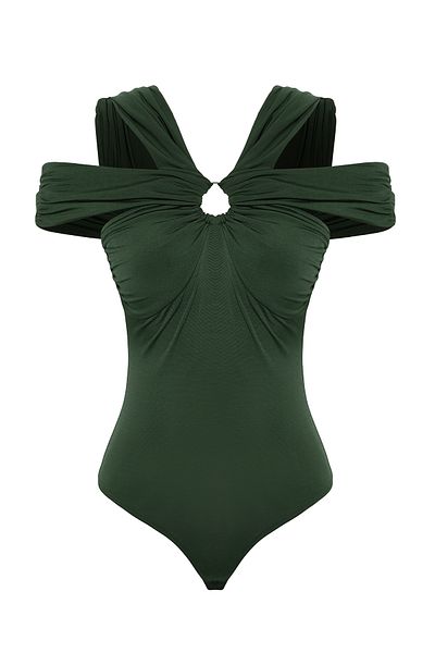Trendyol Collection Khakifarbener gestrickter Body mit Carmen-Kragen-Accessoires TPRSS25BD00004