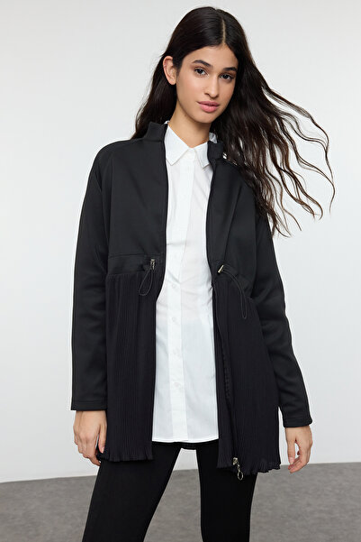 Trendyol Modest Pleated Zip Black Scuba Tunic - Tctss24Uk00035