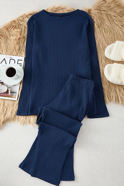 Trendyol Collection Navy Blue Ribbed Knitted Pajamas Set Thmaw25Pt00241