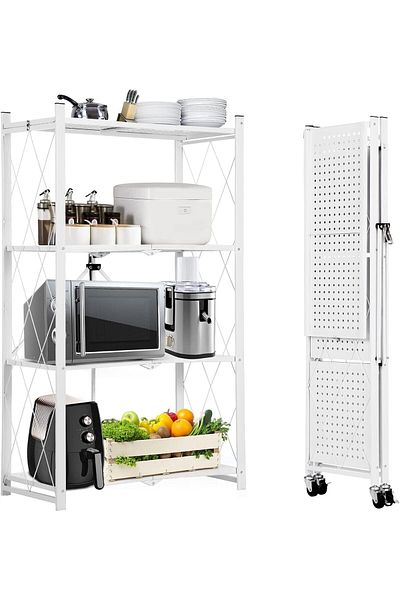 Generic 4 Tier Thickened Foldable Storage Rack with Wheels, No Assembly, Large Capacity Shelves, He