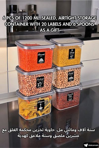 welcomein Set of 6 Leak Proof Rectangular Food Storage Containers 1200ml - 20 Labels - 6 Spoons - 1.2 Liters