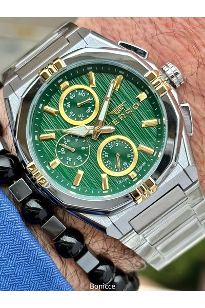 FERRO Brand Functions Active Steel Band,Silver Color,Green Dial Men's Wrist Watch+Bracelet