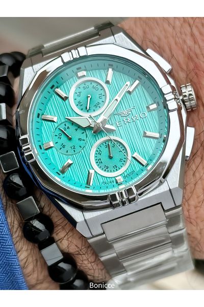 FERRO Brand Functions Active Steel Band,Silver Color,Turquoise Dial Men's Wrist Watch+Bracelet