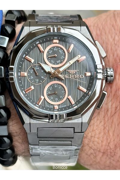 FERRO Brand Functions Active Steel Band Smoked Dial Men Wrist Watch+Bracelet