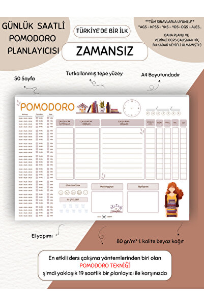 Else Craft Zamansız- POMODORO Ders Çalışma Defteri-A4 Yatay- 50 Sayfa- PL-8 T...