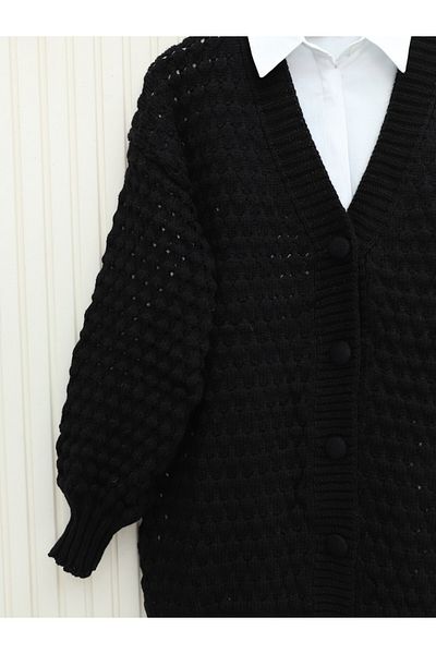 Modamorfo Embossed Knitted Araboy Buttoned Knitwear Cardigan - Black