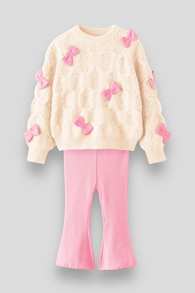 Magu Bow Detailed Knitwear Sweatshirt Leggings Bottom-Top Set Set Girl's