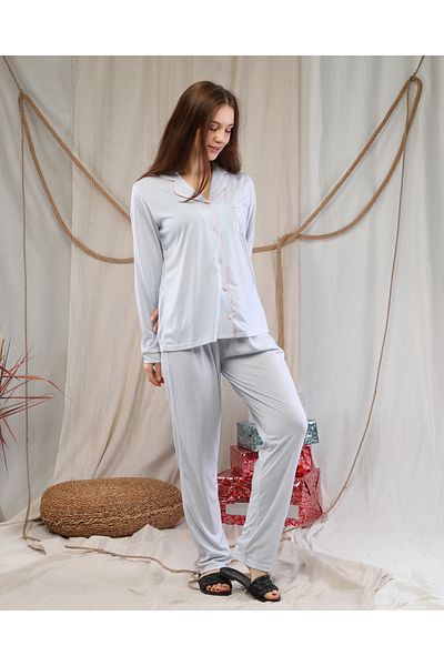 LadyMina Pijama Set de pijamale cu dungi albastre din in