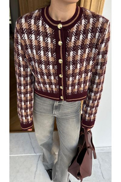 Askı Nişantaşı Cardigan în carouri cu nasturi vintage auriu multicolor