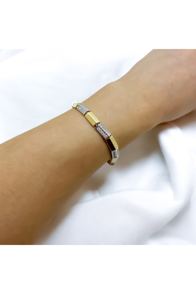 MELLS TAKI 14Ayar Jewellery Model - 316L Stainless Steel Bracelet with 17Cm+2Cm Silver Gold Design, Rectangular Piece