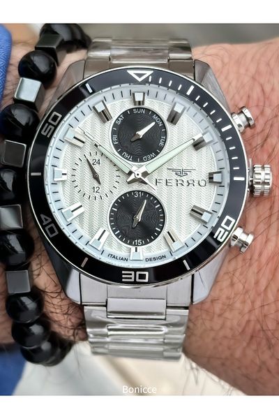 FERRO Brand Functions Active Steel Band,Silver Color,White Dial Men's Wrist Watch+Bracelet