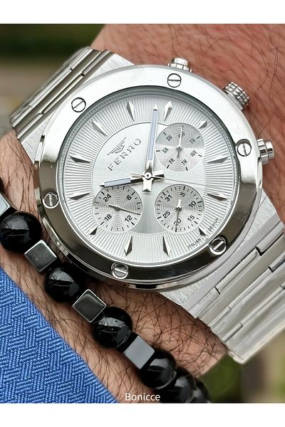 FERRO Brand Functions Active Steel Band,Silver Color,White Dial Men's Wrist Watch+Bracelet