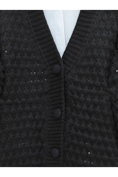Modamorfo Embossed Knitted Araboy Buttoned Knitwear Cardigan - Black